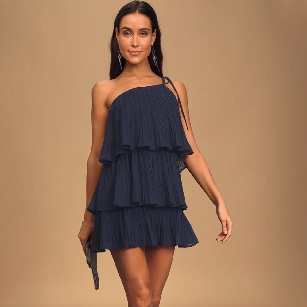 NWT Lulus Blowing Kisses Navy Blue Pleated One-Shoulder Mini Dress - Picture 3 of 8